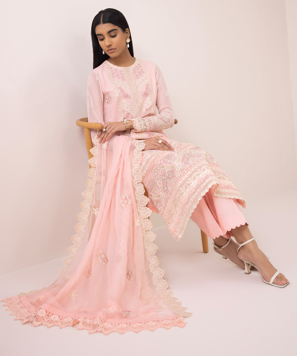 3 Piece - Embroidered Chiffon Suit