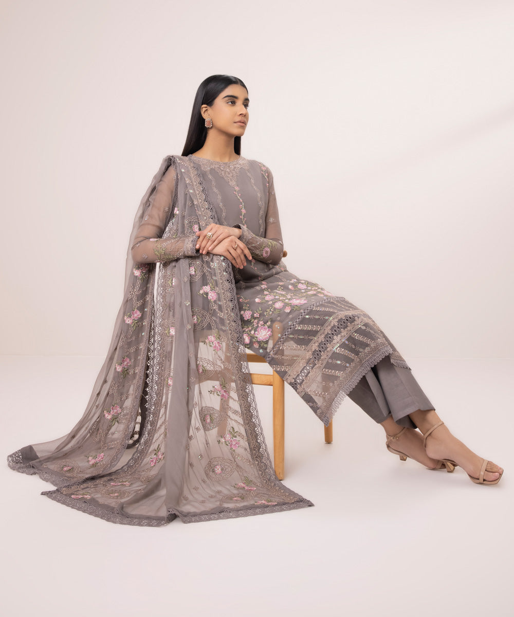 3 Piece - Embroidered Chiffon Suit