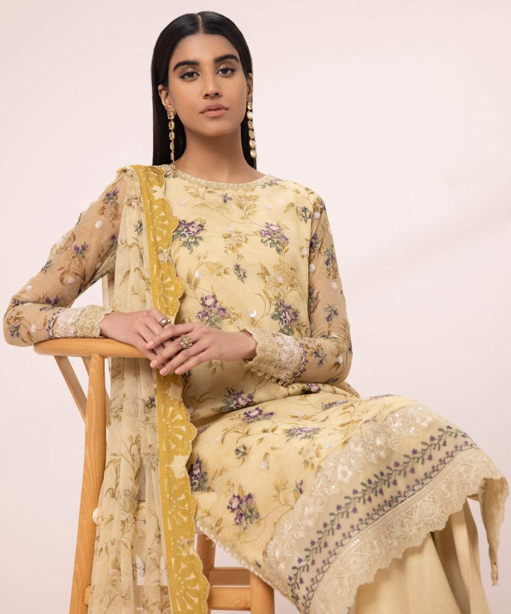 3 Piece - Embroidered Chiffon Suit