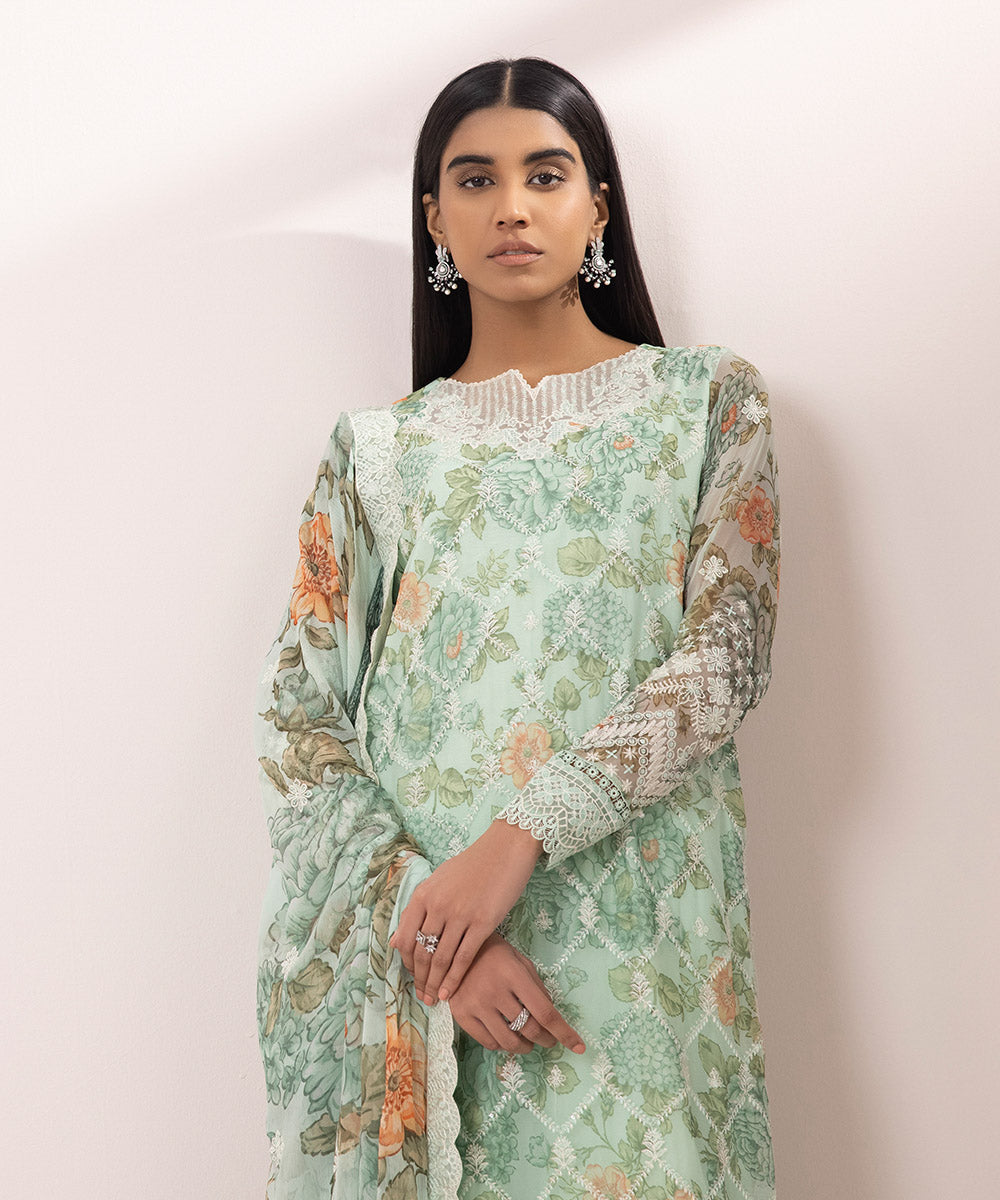 3 Piece - Embroidered Chiffon Suit