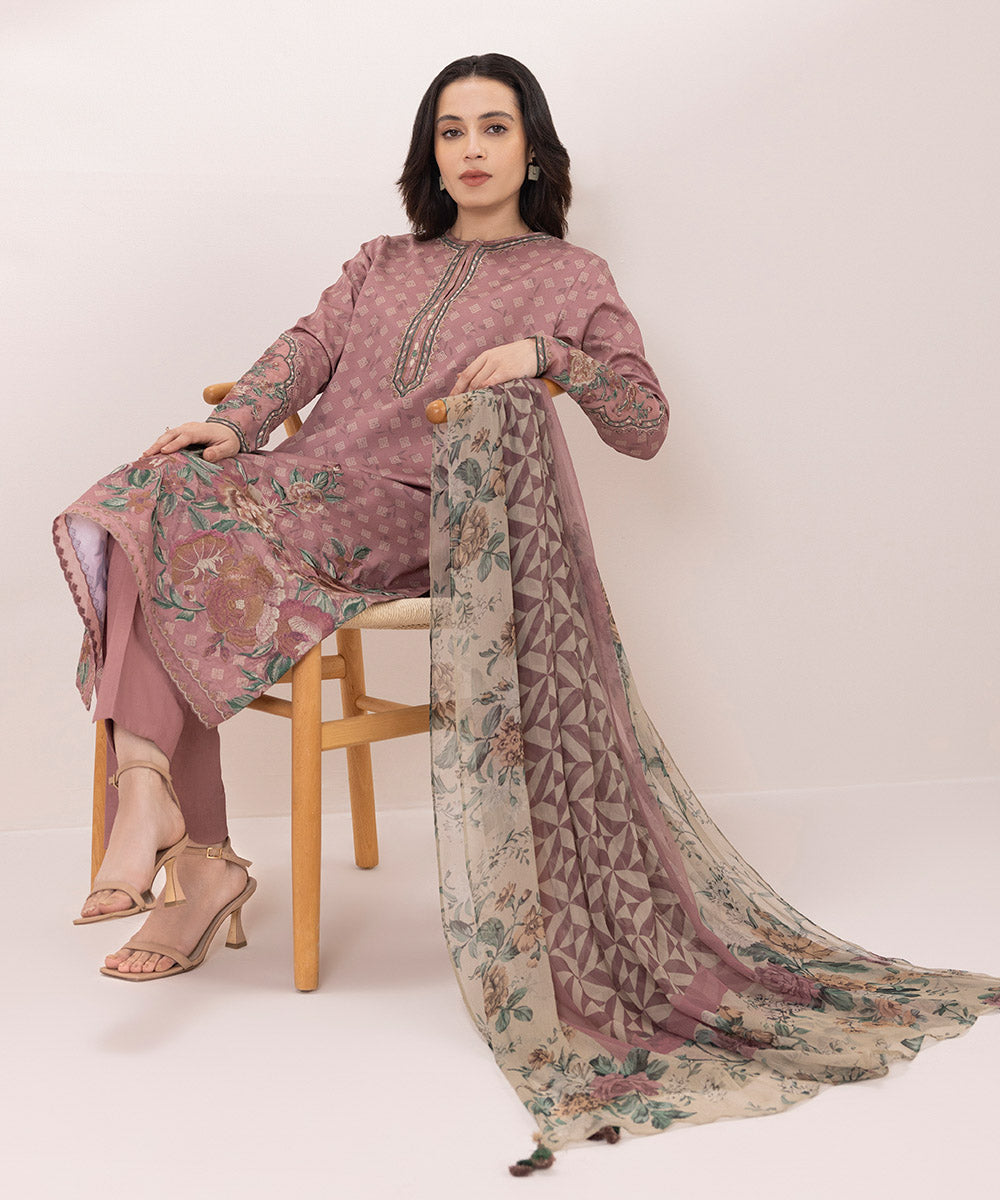 3 Piece - Embroidered Cotton Satin Suit