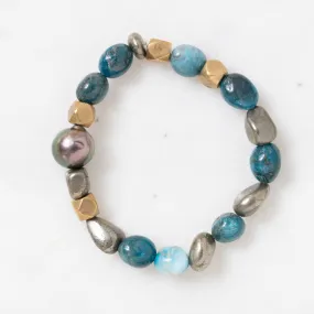 Apatite, Brass, Apache Goldstone, and Tahitian Pearl Bloom Bracelet