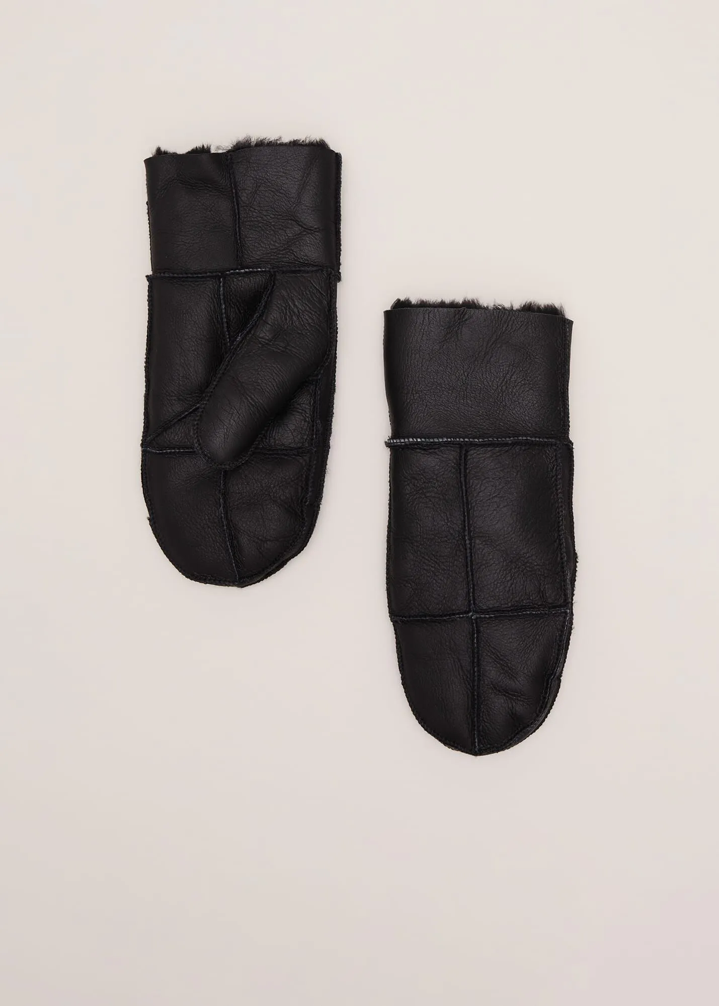 Black Leather Shearling Mittens