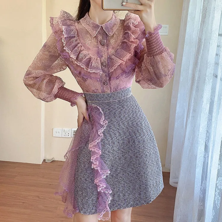 Casual Winter Vintage Women's Lace Ruffle Patchwork Business Dress