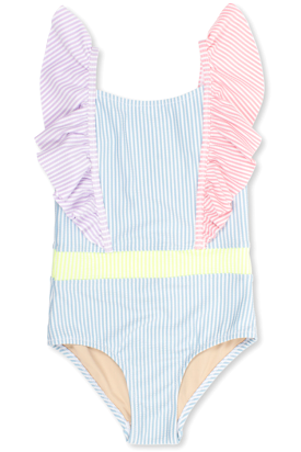 Colorblock seersucker ruffle shoulder swimsuit