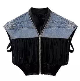 Denim-Chiffon Crop Vest