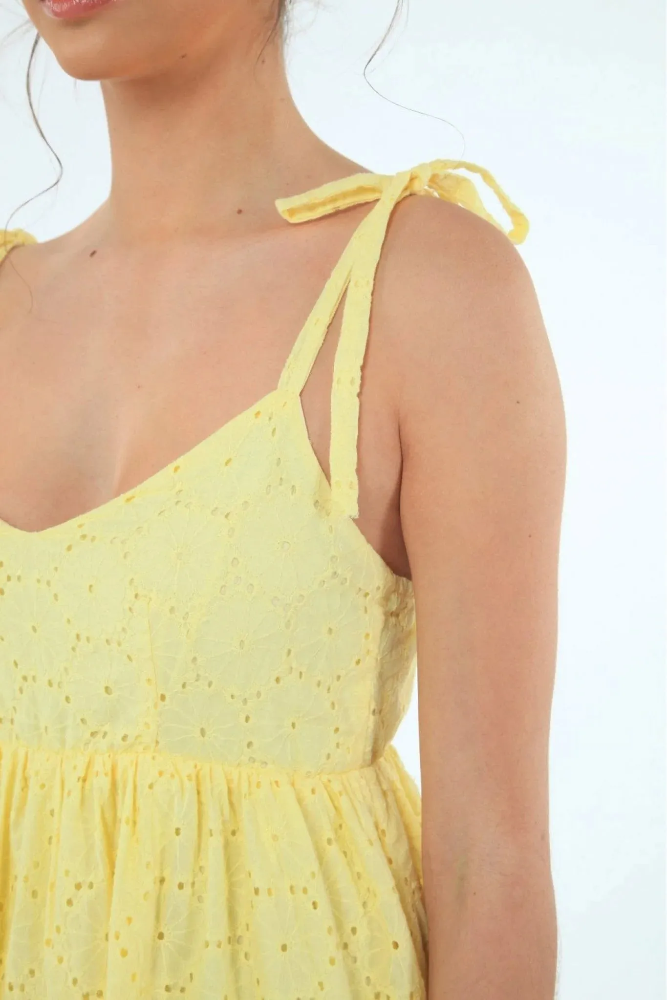 Double Second Yellow Tie Strap Broiderie Dress