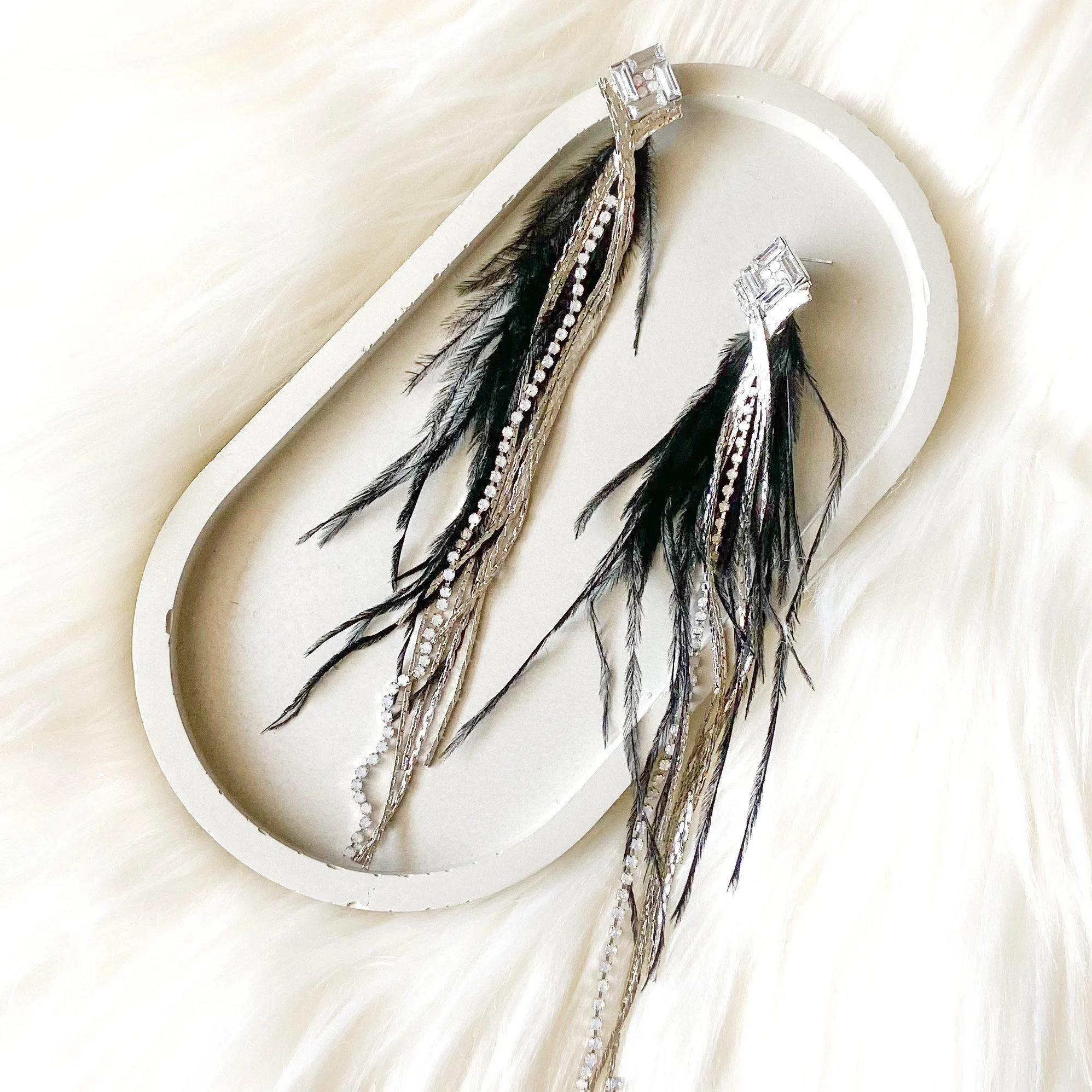 Feather & Rhinestone Duster Earrings