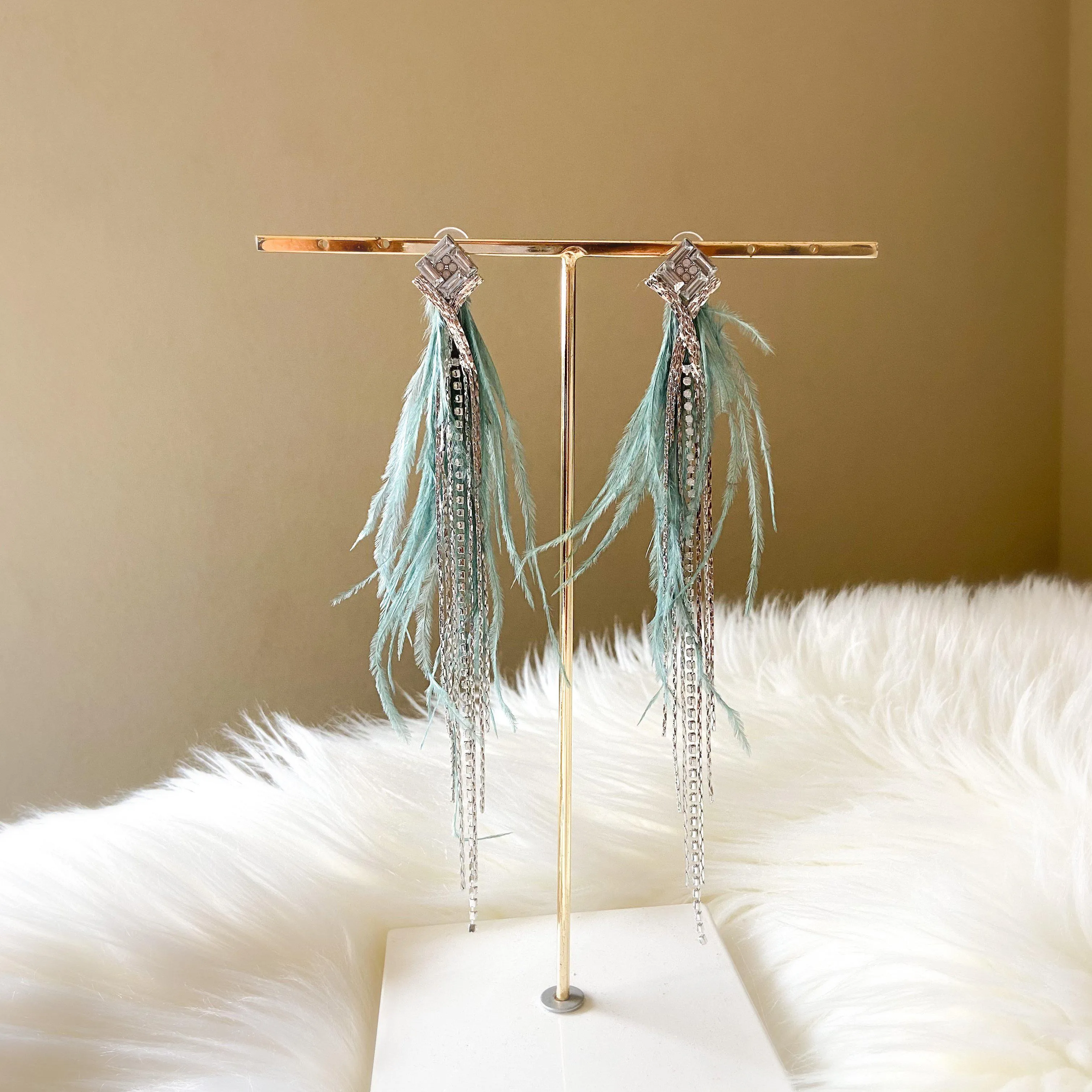 Feather & Rhinestone Duster Earrings