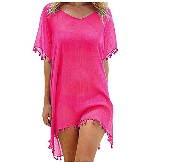 Haute Edition Women's Chiffon Beach Swim Cover Up with Tassels