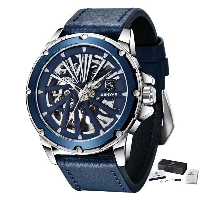 Leather Stainless Steel Skeleton Waterproof Military Mechanical Wristwatch