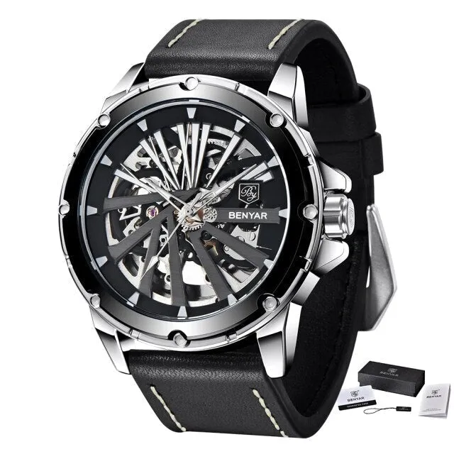 Leather Stainless Steel Skeleton Waterproof Military Mechanical Wristwatch