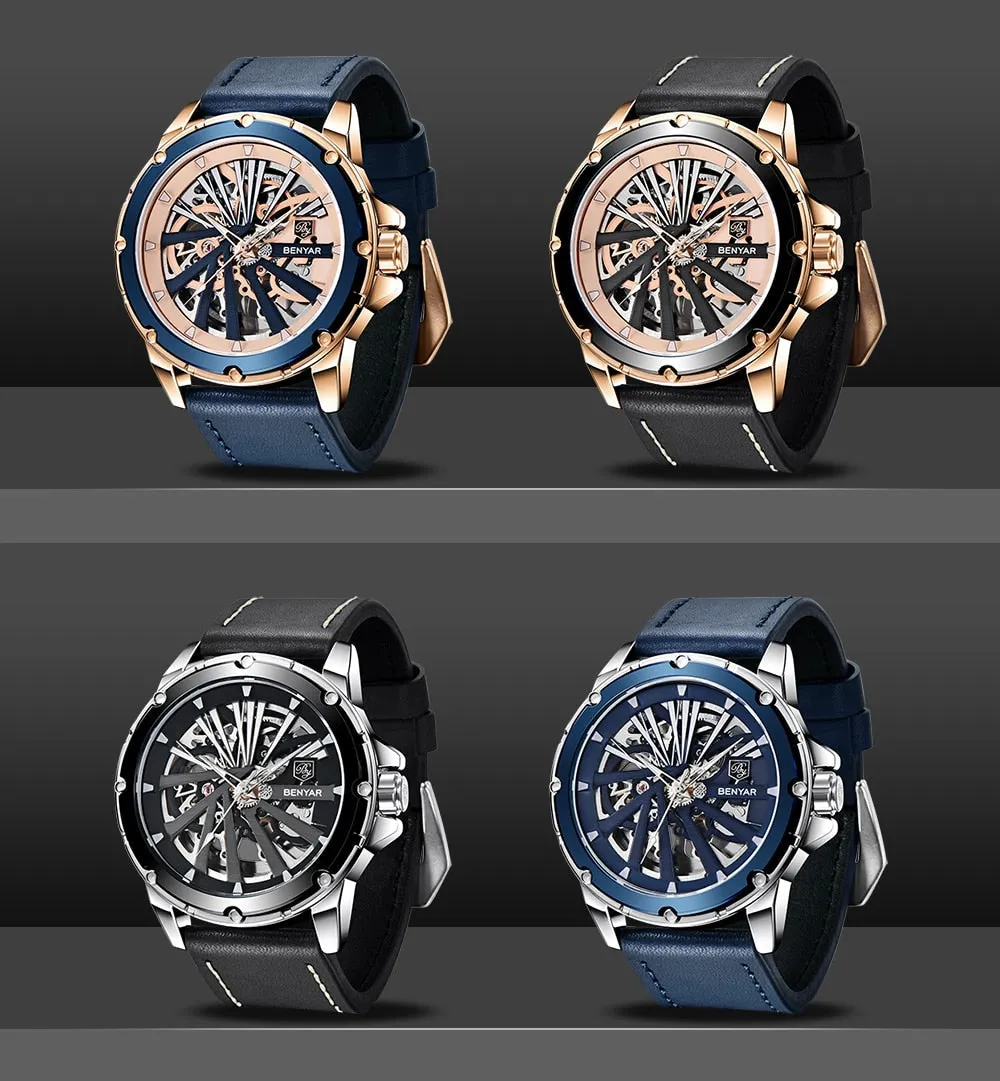 Leather Stainless Steel Skeleton Waterproof Military Mechanical Wristwatch