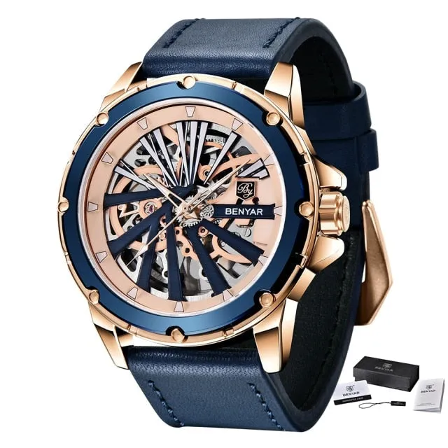 Leather Stainless Steel Skeleton Waterproof Military Mechanical Wristwatch