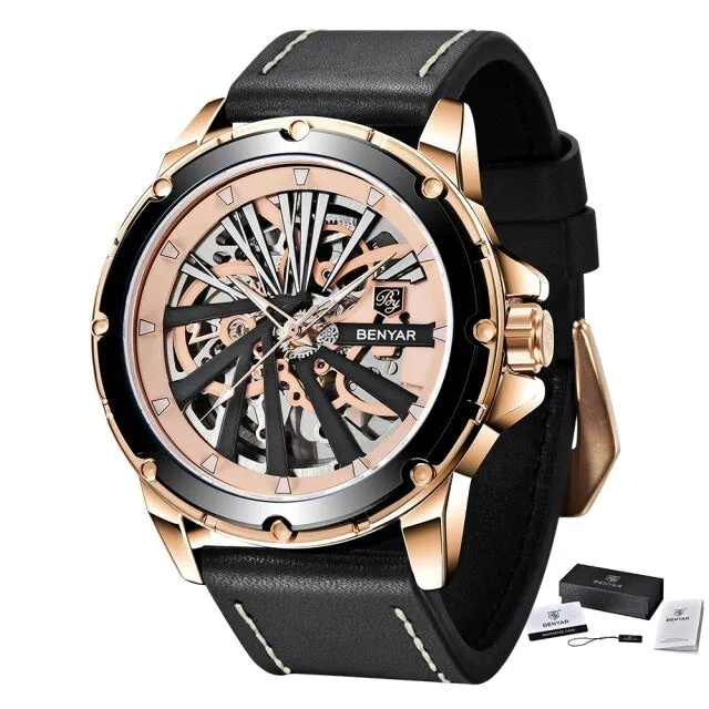 Leather Stainless Steel Skeleton Waterproof Military Mechanical Wristwatch