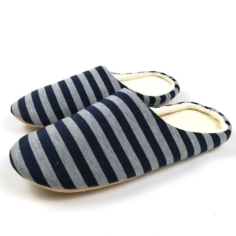 Men's Spring Cotton Striped Soft Sole Plush Home Warm Indoor Slippers