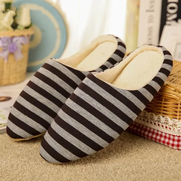 Men's Spring Cotton Striped Soft Sole Plush Home Warm Indoor Slippers