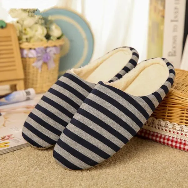 Men's Spring Cotton Striped Soft Sole Plush Home Warm Indoor Slippers