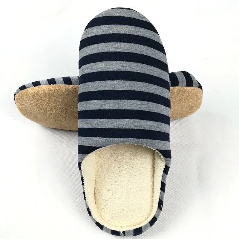 Men's Spring Cotton Striped Soft Sole Plush Home Warm Indoor Slippers