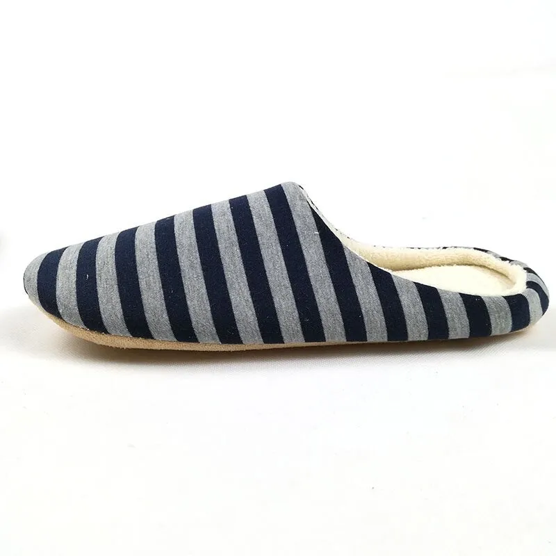 Men's Spring Cotton Striped Soft Sole Plush Home Warm Indoor Slippers