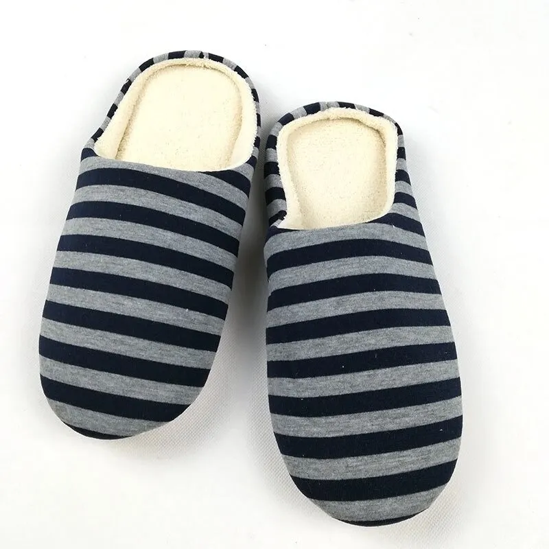 Men's Spring Cotton Striped Soft Sole Plush Home Warm Indoor Slippers