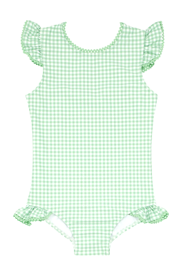 Minnow - Girls Palm Gingham Ruffle Cap Sleeve Rashguard One Piece