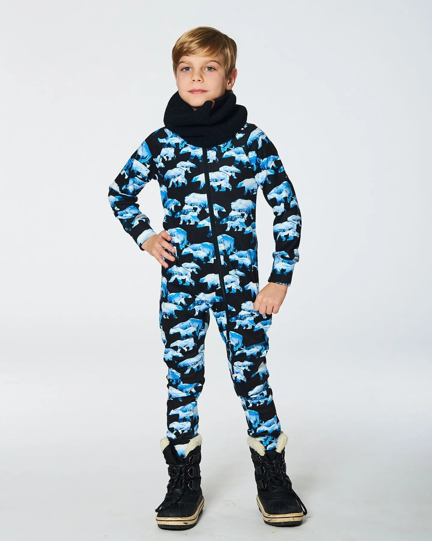 One Piece Thermal Underwear Black Printed Polar Bears