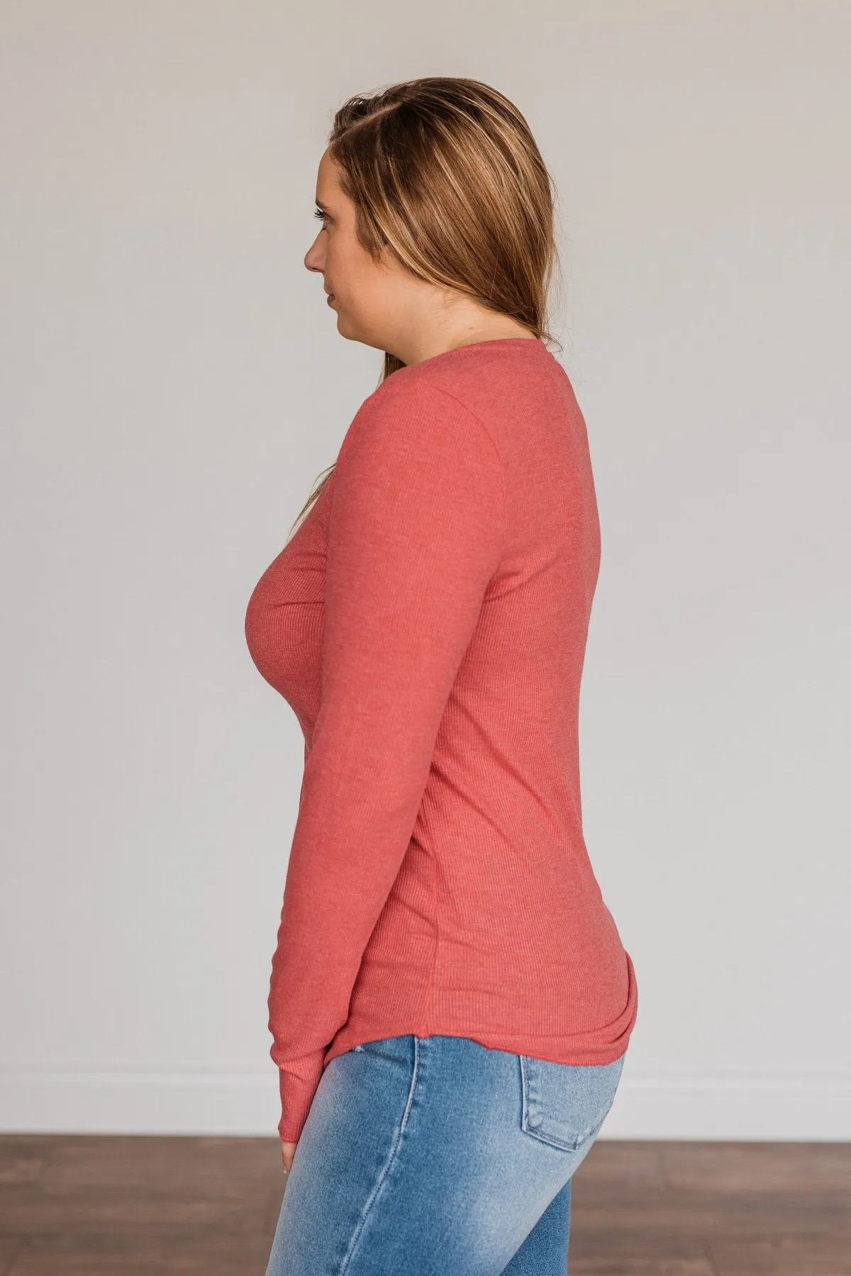 Rise To The Top Long Sleeve Henley Top- Winter Red