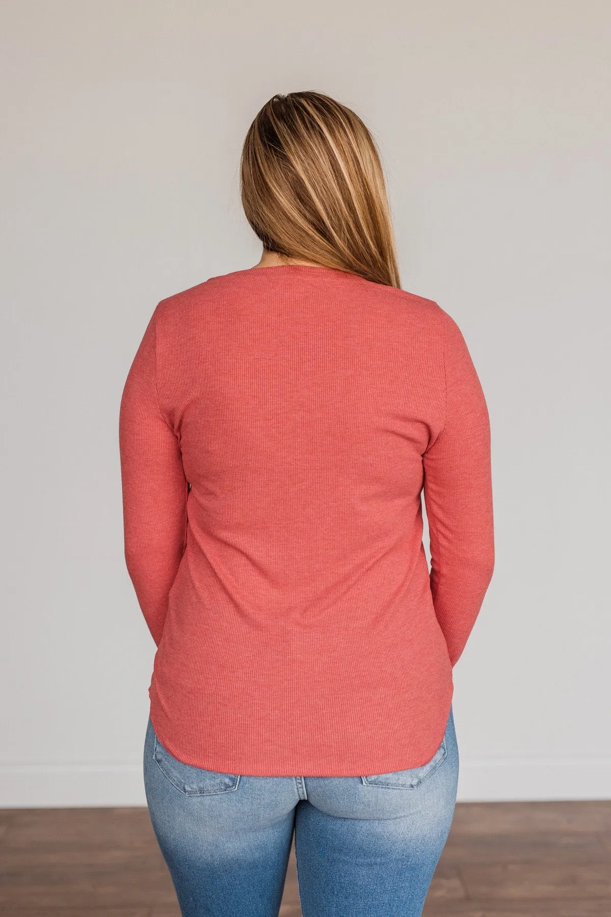 Rise To The Top Long Sleeve Henley Top- Winter Red