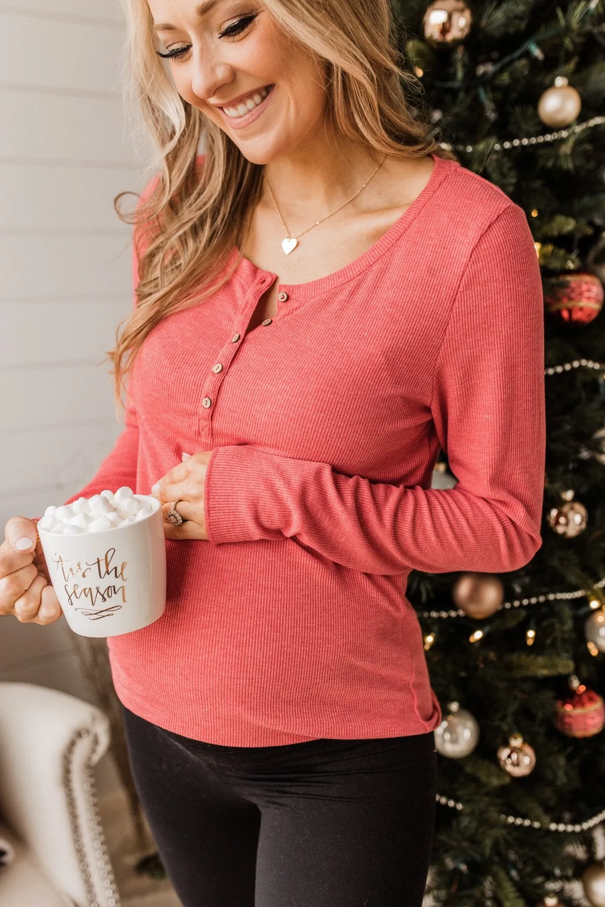 Rise To The Top Long Sleeve Henley Top- Winter Red