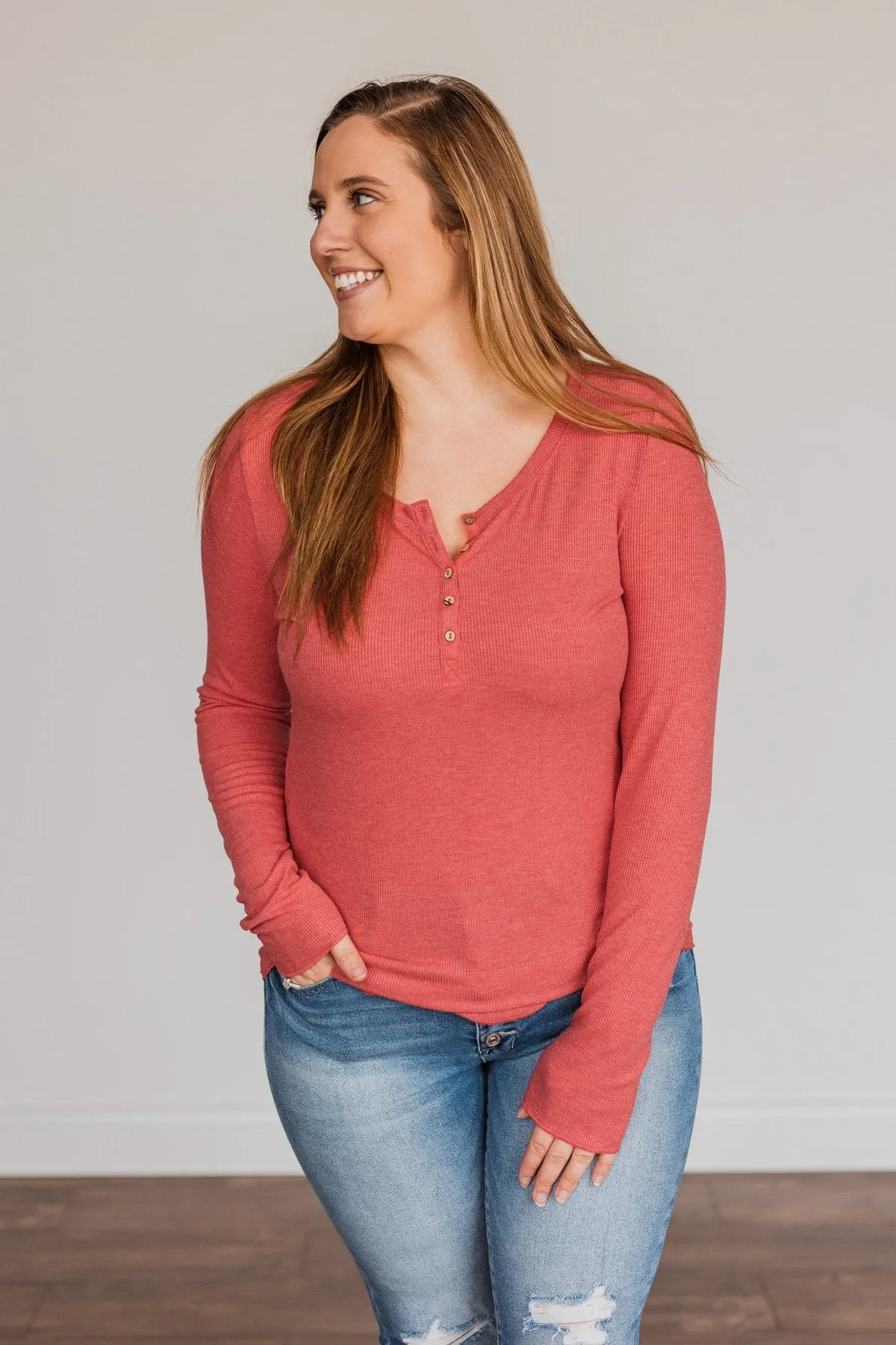 Rise To The Top Long Sleeve Henley Top- Winter Red