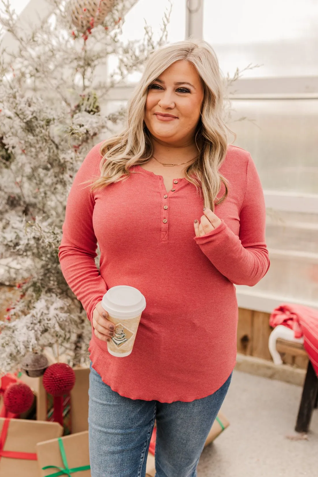 Rise To The Top Long Sleeve Henley Top- Winter Red