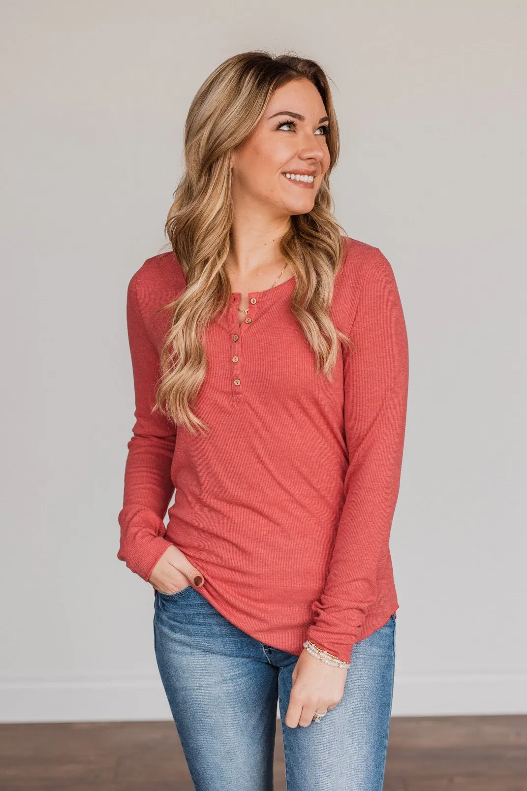 Rise To The Top Long Sleeve Henley Top- Winter Red