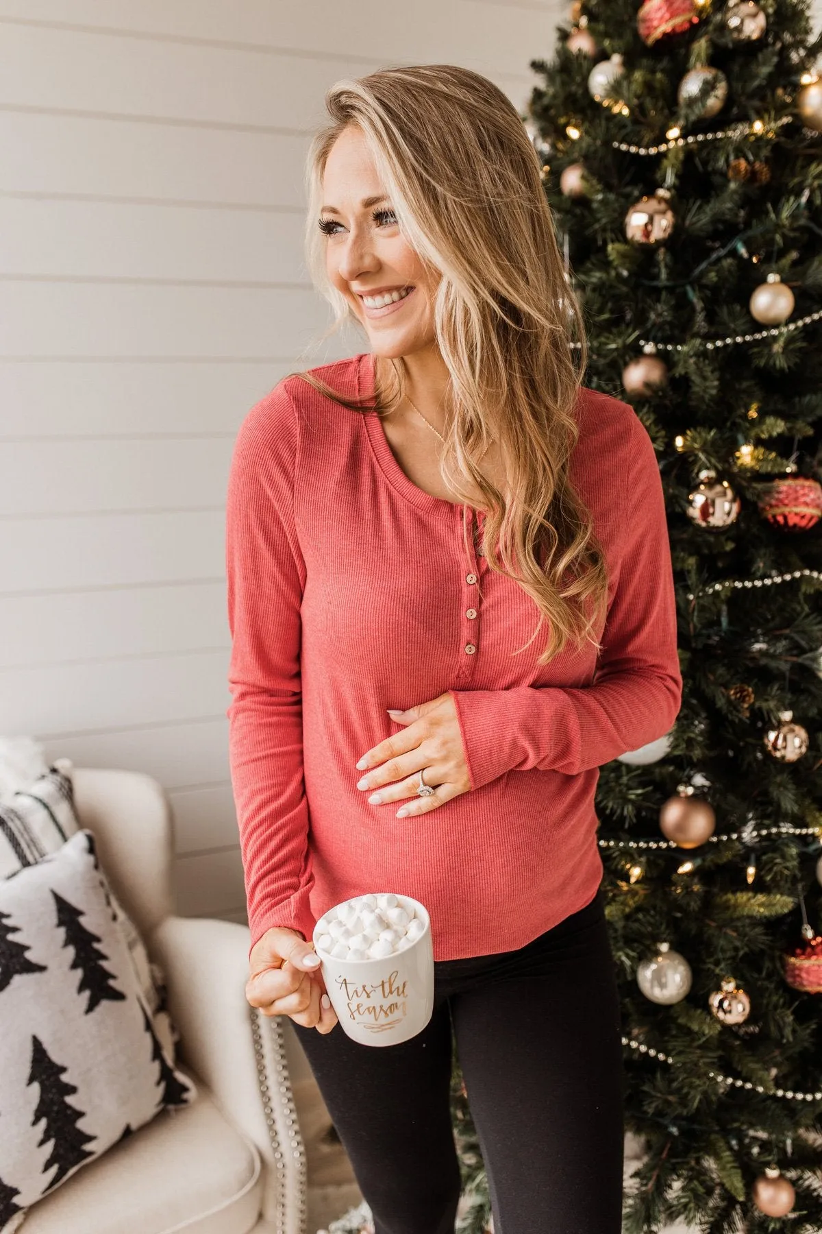 Rise To The Top Long Sleeve Henley Top- Winter Red