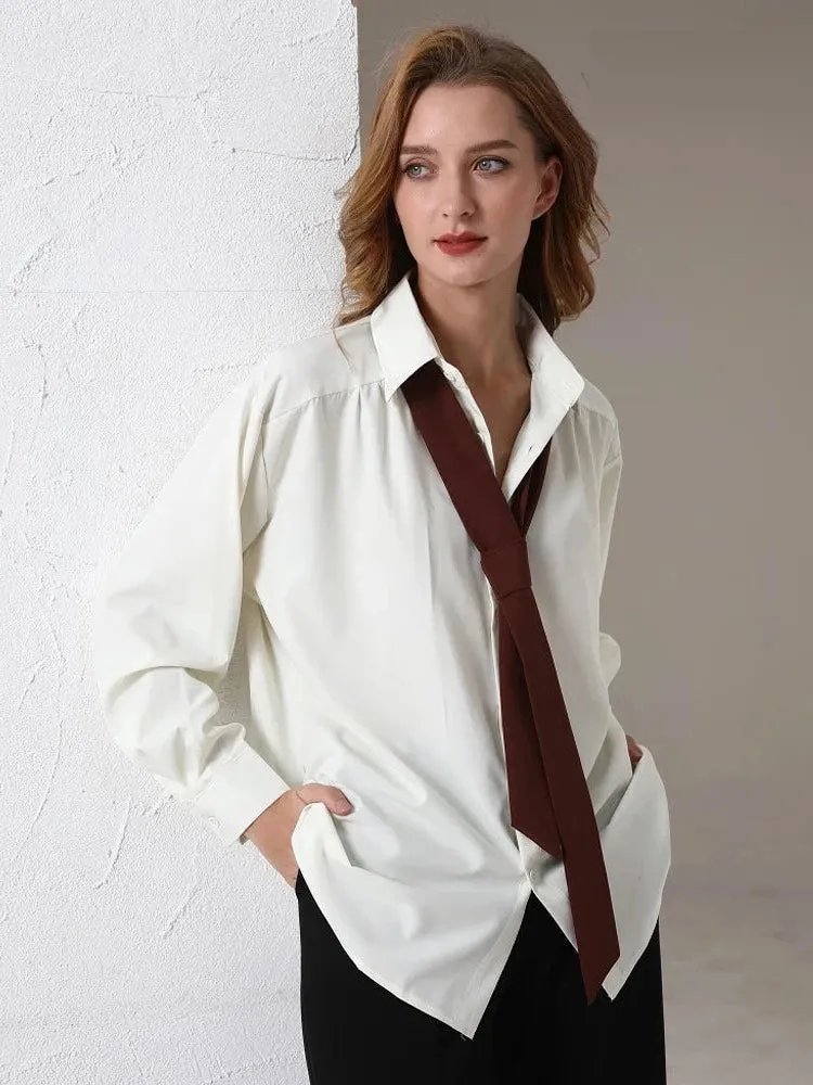 Spring Minimalist Long Sleeve Button Up Shirt Women Korean Style Solid Tie Oversize Shirts Blouse Loose Clothes Tops