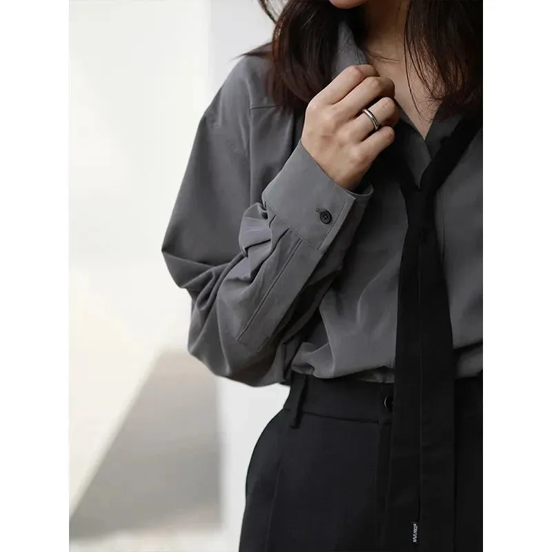 Spring Minimalist Long Sleeve Button Up Shirt Women Korean Style Solid Tie Oversize Shirts Blouse Loose Clothes Tops