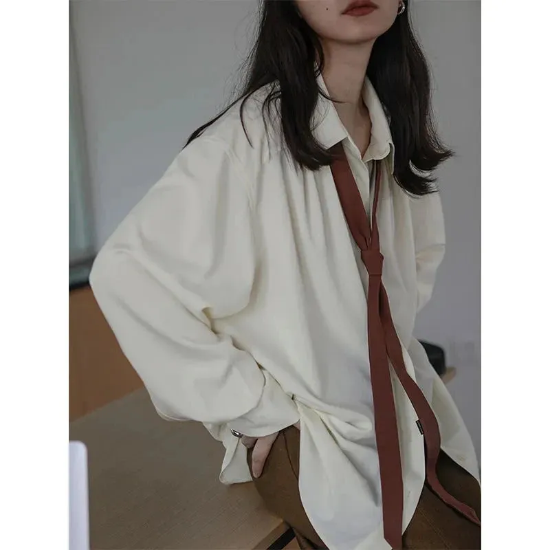 Spring Minimalist Long Sleeve Button Up Shirt Women Korean Style Solid Tie Oversize Shirts Blouse Loose Clothes Tops