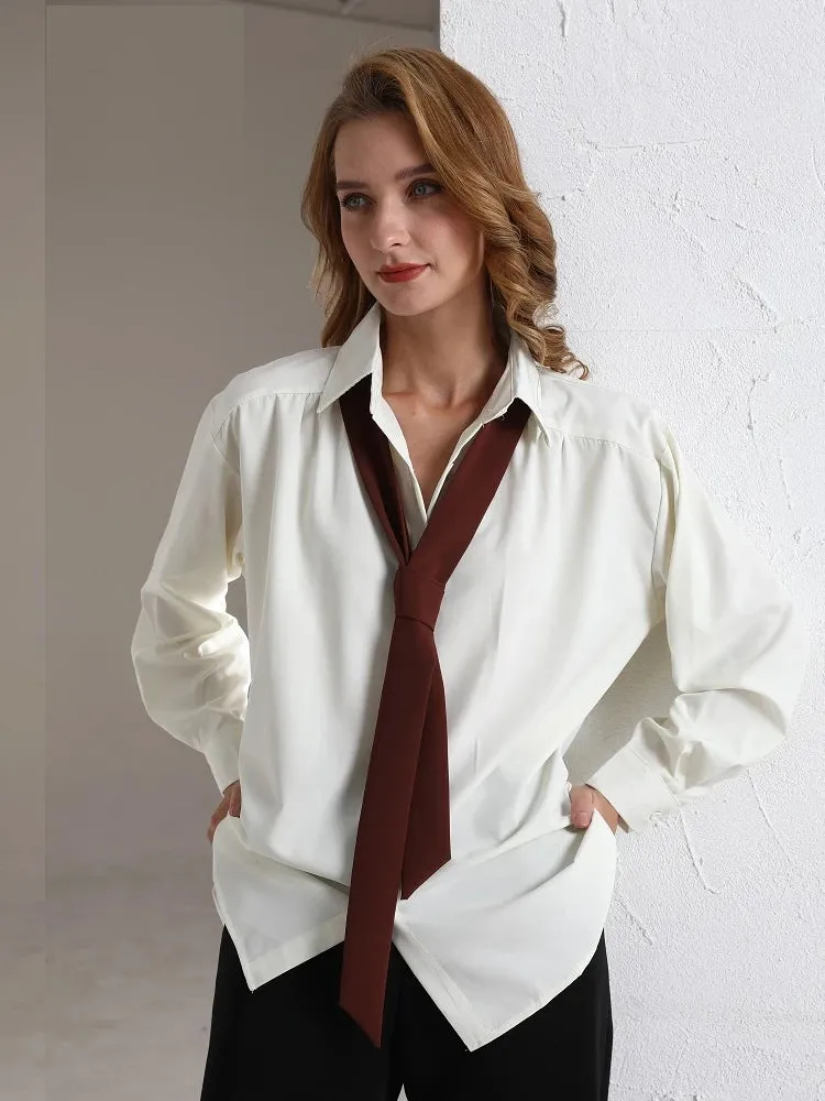 Spring Minimalist Long Sleeve Button Up Shirt Women Korean Style Solid Tie Oversize Shirts Blouse Loose Clothes Tops