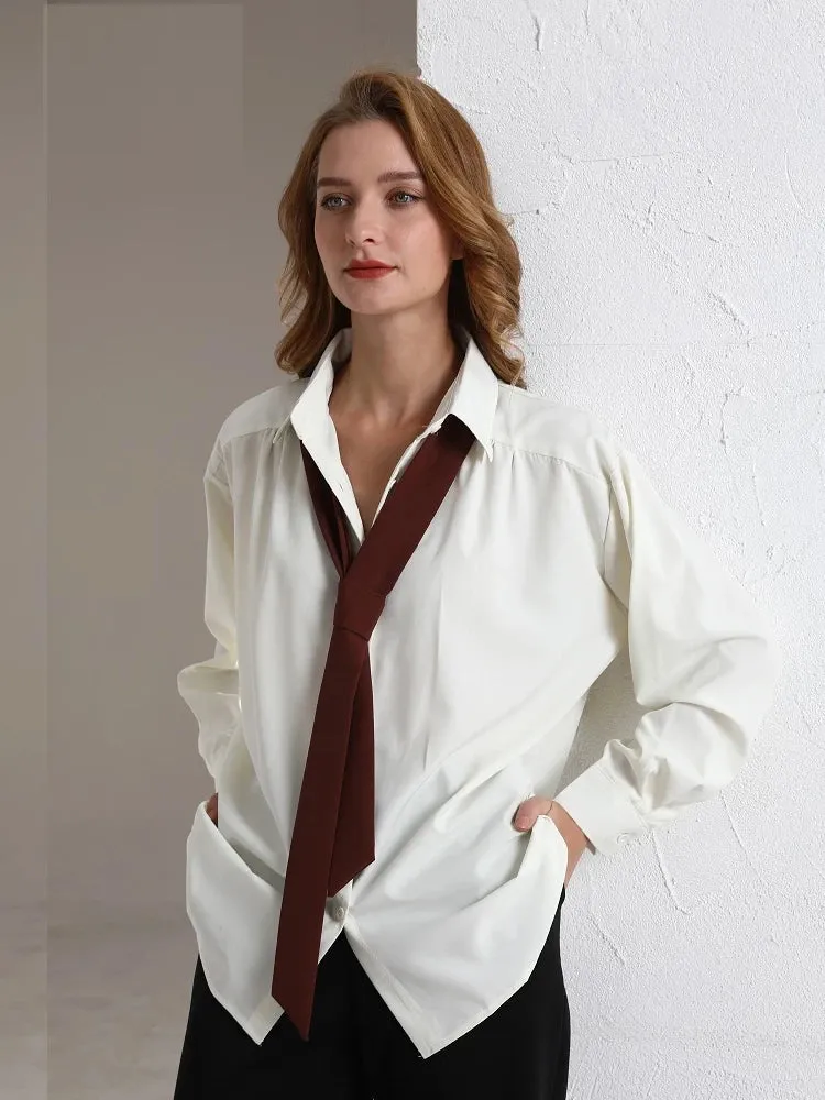 Spring Minimalist Long Sleeve Button Up Shirt Women Korean Style Solid Tie Oversize Shirts Blouse Loose Clothes Tops