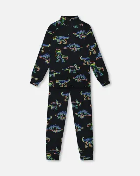 Two Piece Thermal Underwear Set Black Printed Neon Dino