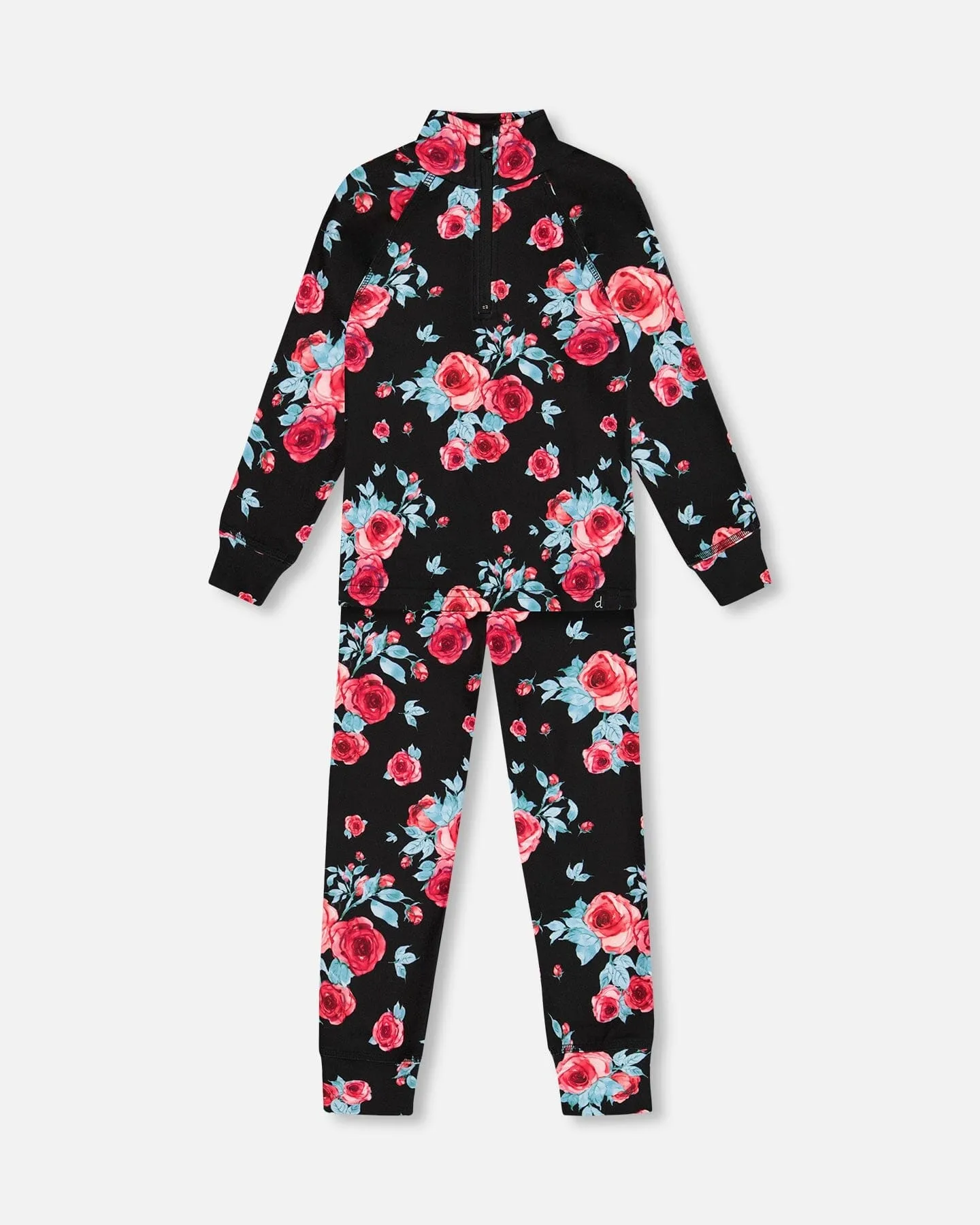 Two Piece Thermal Underwear Set Black Printed Roses