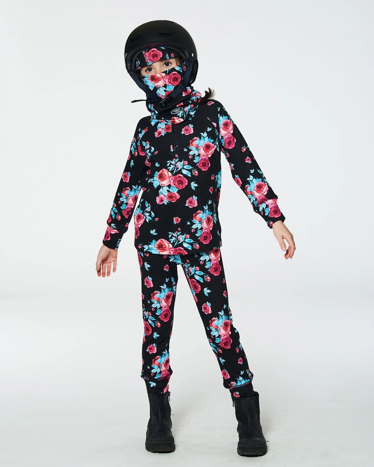 Two Piece Thermal Underwear Set Black Printed Roses