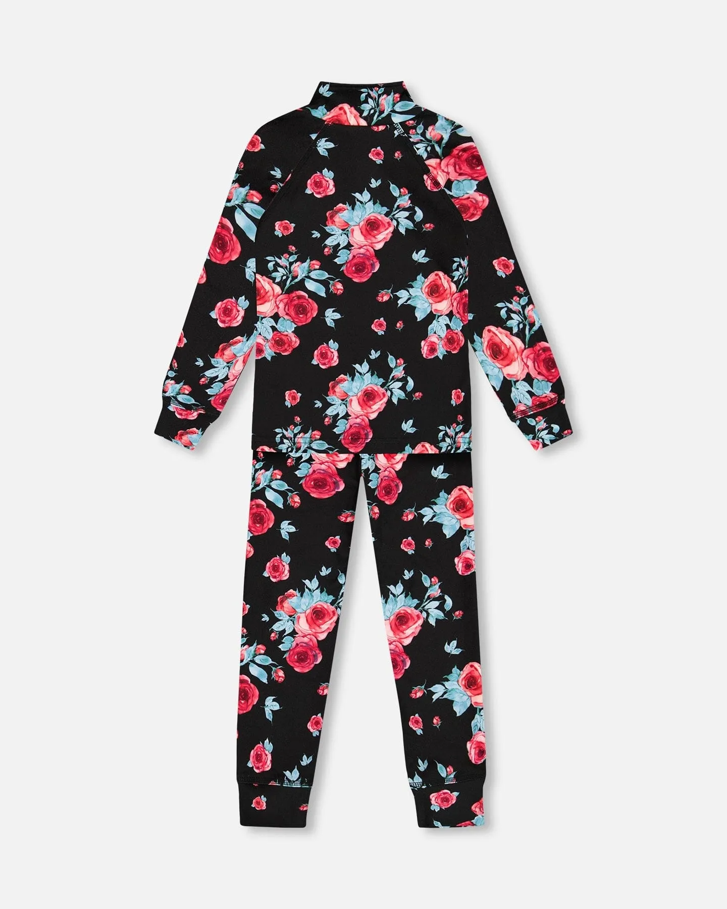 Two Piece Thermal Underwear Set Black Printed Roses