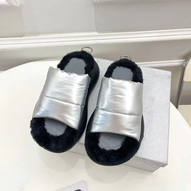 Women's Casual Fur Comfortable Metal Decor Slides House Slippers