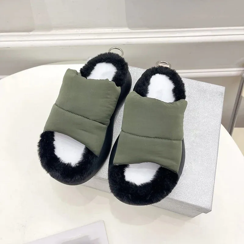 Women's Casual Fur Comfortable Metal Decor Slides House Slippers