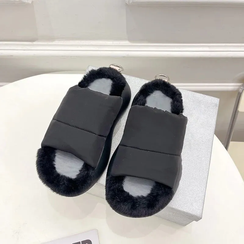 Women's Casual Fur Comfortable Metal Decor Slides House Slippers