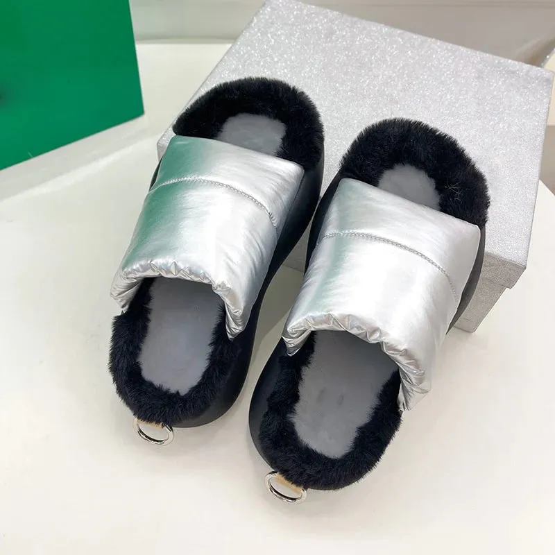 Women's Casual Fur Comfortable Metal Decor Slides House Slippers