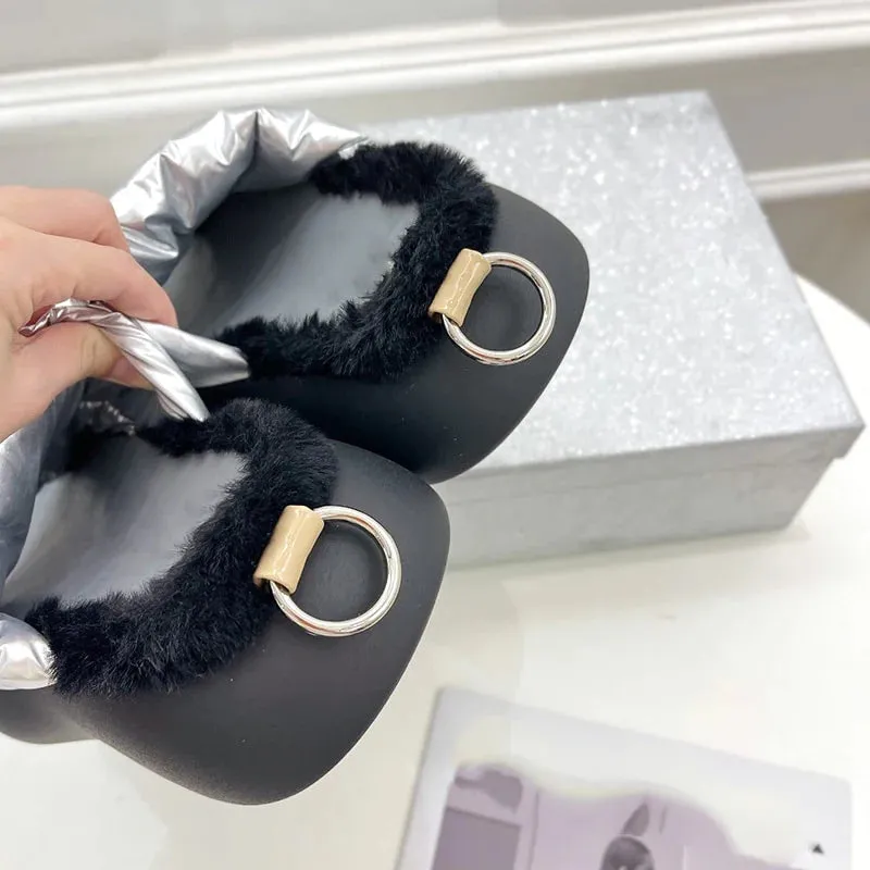 Women's Casual Fur Comfortable Metal Decor Slides House Slippers