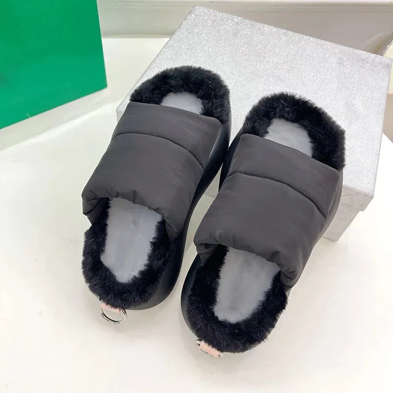 Women's Casual Fur Comfortable Metal Decor Slides House Slippers