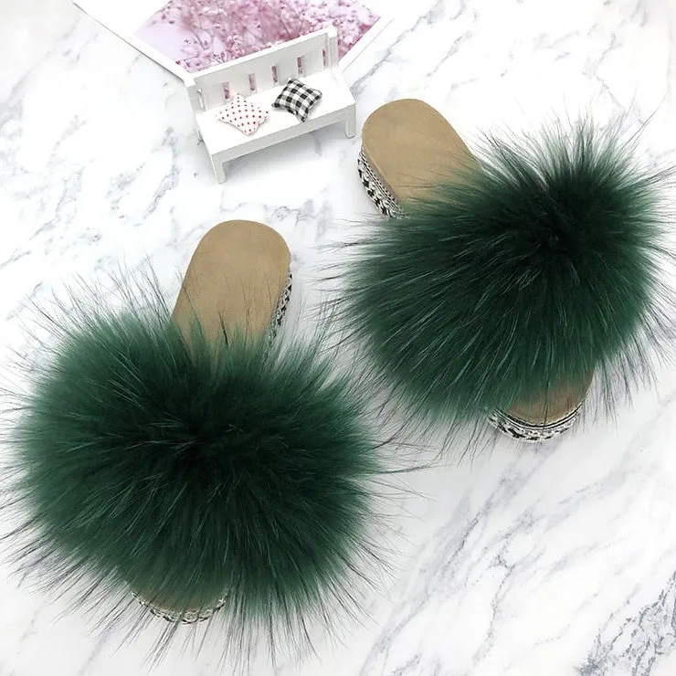 Women's Dark Green Real Fur Fluffy Rivets Platform House Slippers